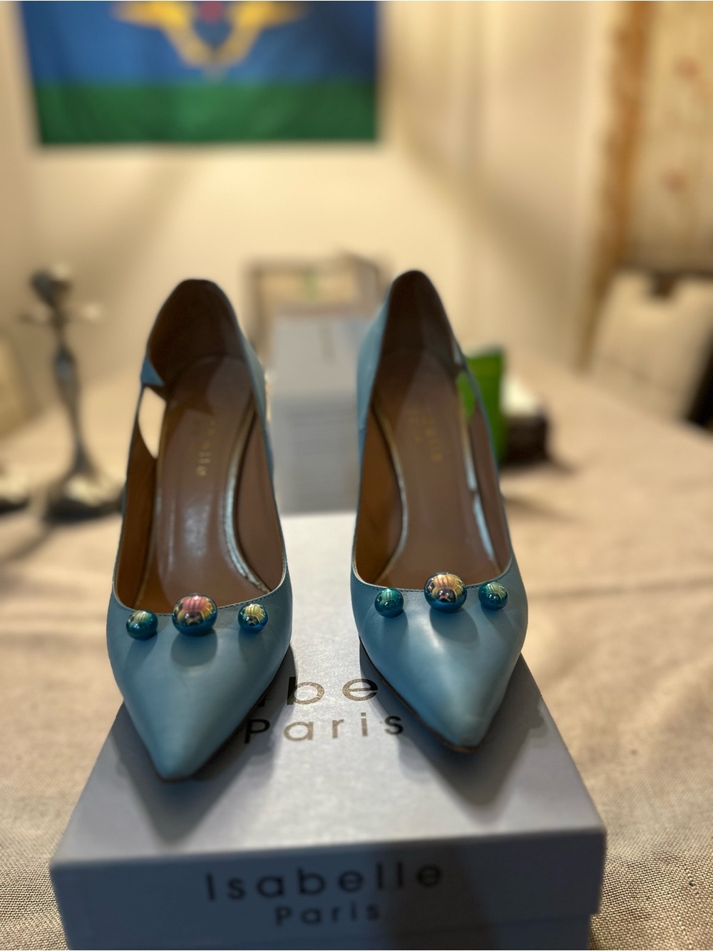 Bright Blue Pointed-Toe Gem-Accented Pumps
